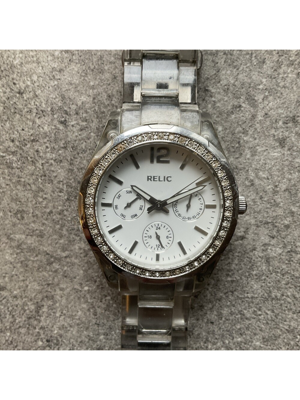 Relic Womens Crystal Accent Bezel Watch ZR15564 Clear Resin Case & Band A5